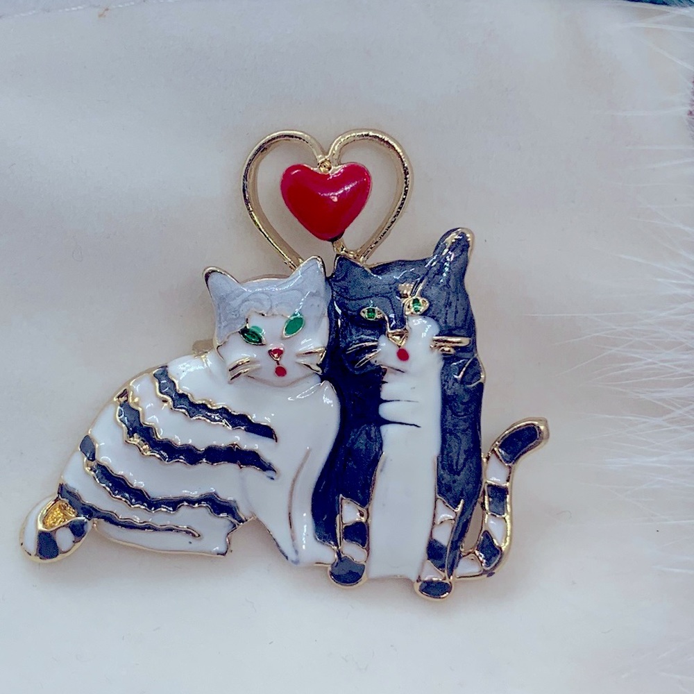 Two Cats Heart Love Enamel Brooch